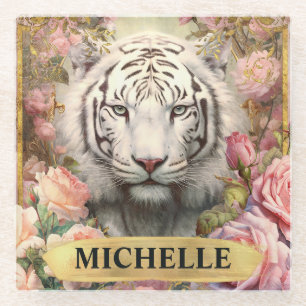 Dessous-de-verre En Verre Aquarelle Tigre Blanc Vintage et Roses Roses
