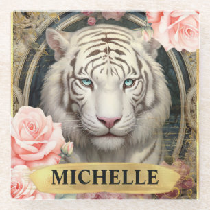 Dessous-de-verre En Verre Aquarelle Tigre Blanc Vintage et Roses Roses