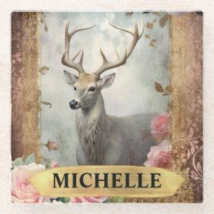 Dessous-de-verre En Verre Aquarelle Vintage cerf blanc et roses roses roses