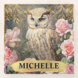 Dessous-de-verre En Verre Aquarelle Vintage Chouette blanche et roses roses
