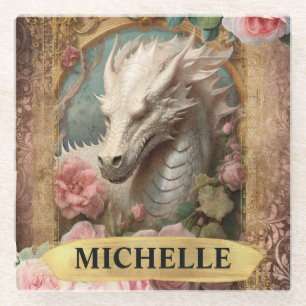 Dessous-de-verre En Verre Aquarelle Vintage Dragon Blanc et Roses Roses