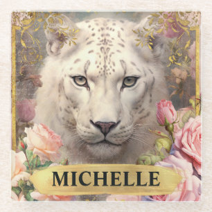 Dessous-de-verre En Verre Aquarelle Vintage léopard blanc et roses roses ros