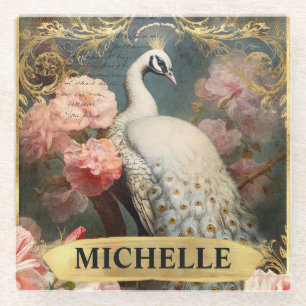 Dessous-de-verre En Verre Aquarelle Vintage Peacock blanc et Roses roses ros