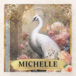 Dessous-de-verre En Verre Aquarelle Vintage Peacock blanc et Roses roses ros