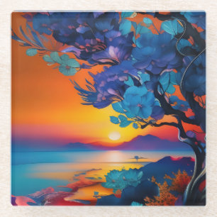 Dessous-de-verre En Verre Arbre à fleurs au lac au lever du soleil