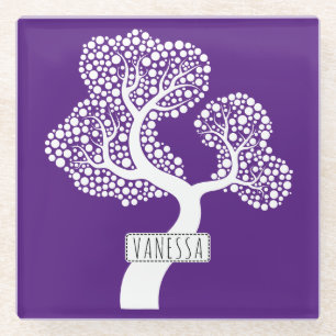 Dessous-de-verre En Verre Arbre abstrait blanc et nom, violet royal