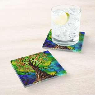Dessous-de-verre En Verre Arbre coloré de la vie Vitrail Look II