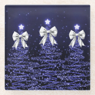 Dessous-de-verre En Verre Arbres scintillants de Noël Navy Nœud Faux Argent