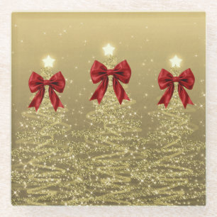 Dessous-de-verre En Verre Arbres scintillants de Noël or avec nœud rouge en