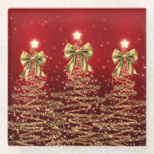 Dessous-de-verre En Verre Arbres scintillants de Noël Rouge Or Faux Nœud