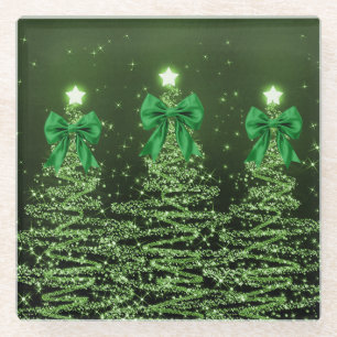 Dessous-de-verre En Verre Arbres scintillants de Noël verts avec nœud en fau