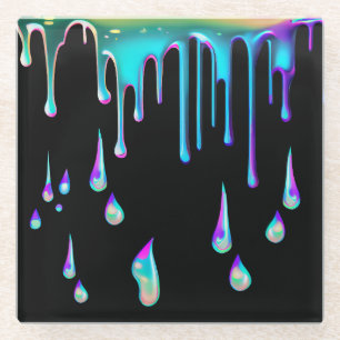 Dessous-de-verre En Verre Arc-en-ciel holographique goutte métal noir