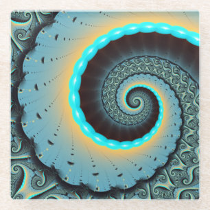 Dessous-de-verre En Verre Art fractal spirale abstrait bleu turquoise orange