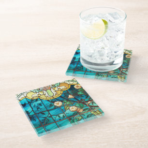 Dessous-de-verre En Verre Art nouveau aspect vitrail floral victorien