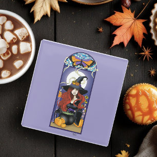 Dessous-de-verre En Verre Art Nouveau Sorcière d'Automne Citrouilles Lune Vi