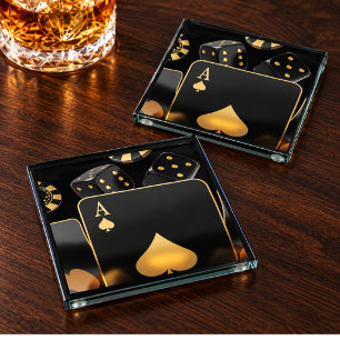 Dessous-de-verre En Verre As de Pique Homme Cave Poker Dés Or