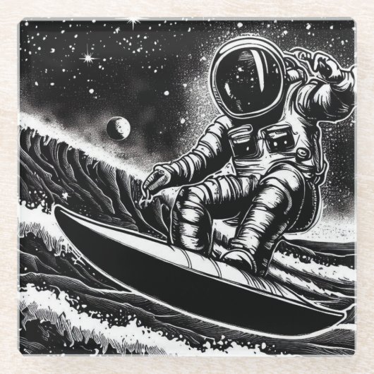 DESSOUS-DE-VERRE EN VERRE ASTRONAUT BLACK AND WHITE, SURF THE UNIVERSE (Devant)