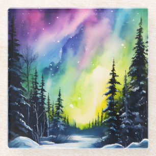 Dessous-de-verre En Verre Aurore boréale aquarelle Lumières du Nord