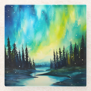 Dessous-de-verre En Verre Aurore boréale aquarelle Lumières du Nord