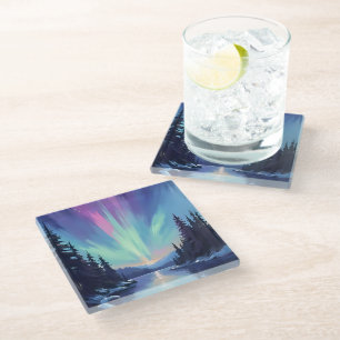 Dessous-de-verre En Verre Aurore Boréale Peinture Aquarelle des Lumières d