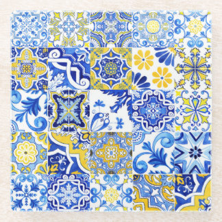 Dessous-de-verre En Verre Azulejo Portugais Majolique Mosaïque Bleu et Jaune