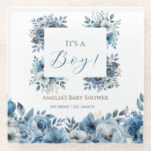 Dessous-de-verre En Verre Baby shower d'aquarelle Florale bleu moderne