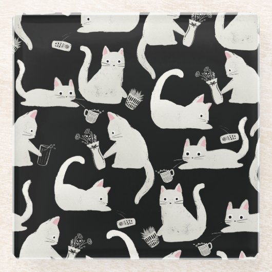 Dessous-de-verre En Verre Bad Cats Knocking Stuff Over, White Cats on Black (Devant)