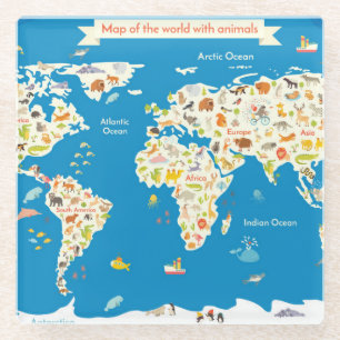 Dessous-de-verre En Verre Badine la carte du monde avec des animaux