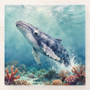 Dessous-de-verre En Verre Baleine bleue océanique aquarelle art côtier