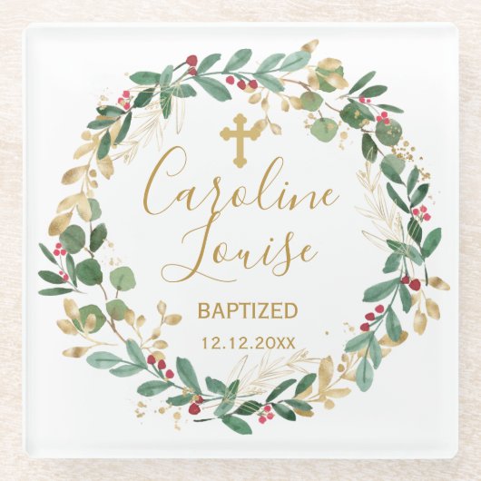 Dessous-de-verre En Verre Baptême Bébé Vert Gold Foliage (Devant)