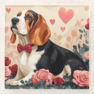 Dessous-de-verre En Verre Basset Hound avec des roses - Saint-Valentin
