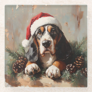 Dessous-de-verre En Verre Basset Hound dans une peinture à l'huile de chapea