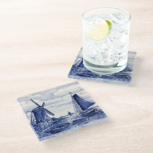 Dessous-de-verre En Verre Bateau à voile moulin à vent néerlandais Delft Bla