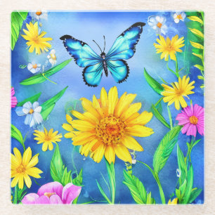 Dessous-de-verre En Verre Beau papillon bleu dans une prairie fleurie