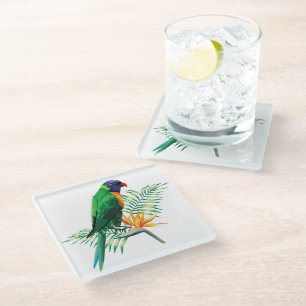 Dessous-de-verre En Verre Beau Parrot Coloré Et Fleurs