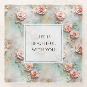 Dessous-de-verre En Verre Beau Romantique Rose rose rose Roses romantiques