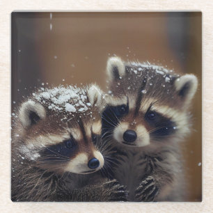 Dessous-de-verre En Verre Bébé Raccoons se blottit dans la neige tombante