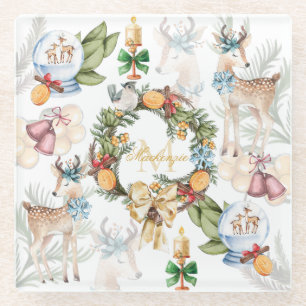Dessous-de-verre En Verre Belle aquarelle de cerf Noël Nom de famille