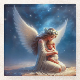 Dessous-de-verre En Verre Belle peinture numérique d'ange tenant un bébé