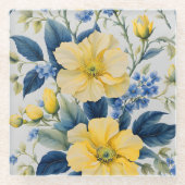 Dessous-de-verre En Verre Belles Fleurs Jaunes et Bleues (Devant)