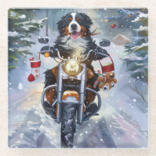 Dessous-de-verre En Verre Bernese Mountain Dog en moto à Noël