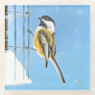 Dessous-de-verre En Verre Bickadee sur la peinture d'alimentation - Oiseaux