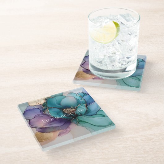 Dessous-de-verre En Verre Bleu Aqua Violet Or Floral (Incliné)