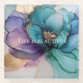 Dessous-de-verre En Verre Bleu Aqua Violet Or Floral (Devant)