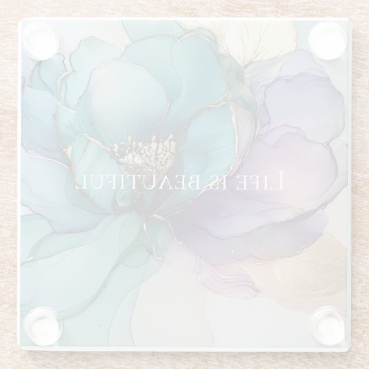 Dessous-de-verre En Verre Bleu Aqua Violet Or Floral (Dos)