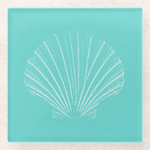 Dessous-de-verre En Verre Bleu d'Aqua avec la mer blanche Shell