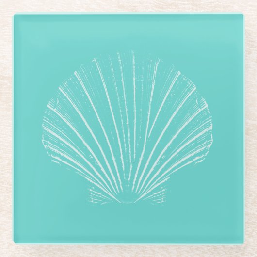 Dessous-de-verre En Verre Bleu d'Aqua avec la mer blanche Shell (Devant)
