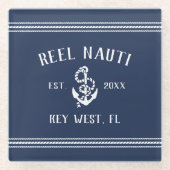 Dessous-de-verre En Verre Bleu de marine classique | Rustic Ancre Nom du bat (Devant)