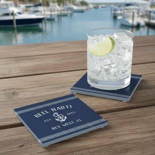 Dessous-de-verre En Verre Bleu de marine classique | Rustic Ancre Nom du bat