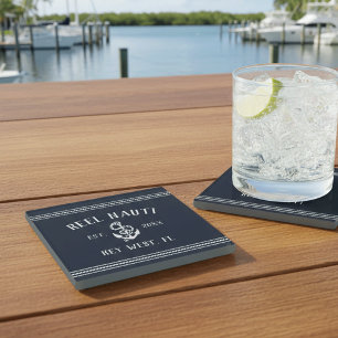 Dessous-de-verre En Verre Bleu de marine profonde   Nom du bateau d'Ancre ru